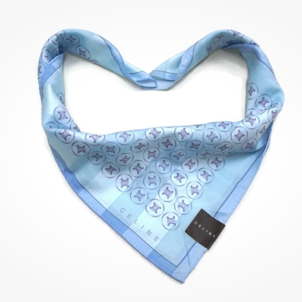 Celine Cream Light Blue Logo Medallion Silk Scarf